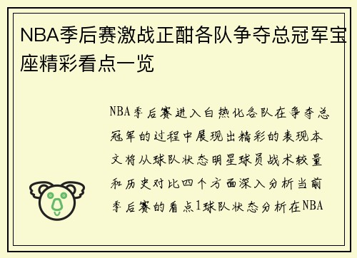 NBA季后赛激战正酣各队争夺总冠军宝座精彩看点一览