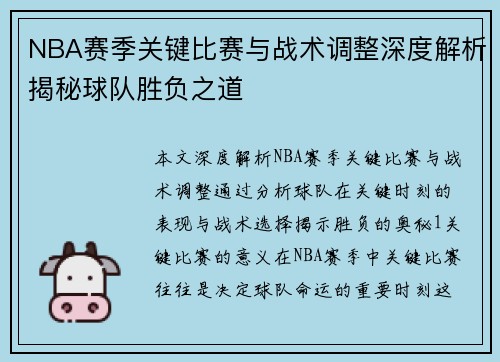 NBA赛季关键比赛与战术调整深度解析揭秘球队胜负之道