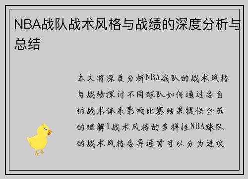 NBA战队战术风格与战绩的深度分析与总结