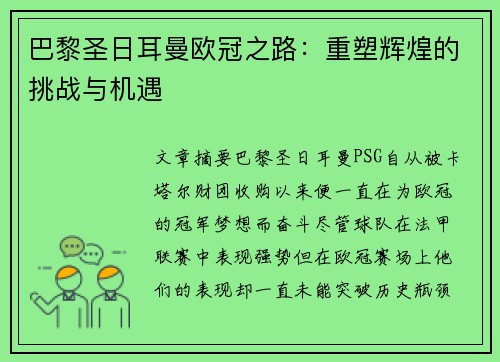 巴黎圣日耳曼欧冠之路：重塑辉煌的挑战与机遇