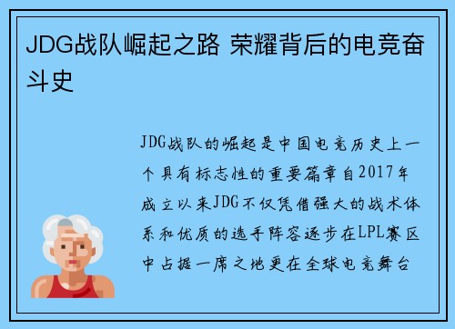 JDG战队崛起之路 荣耀背后的电竞奋斗史